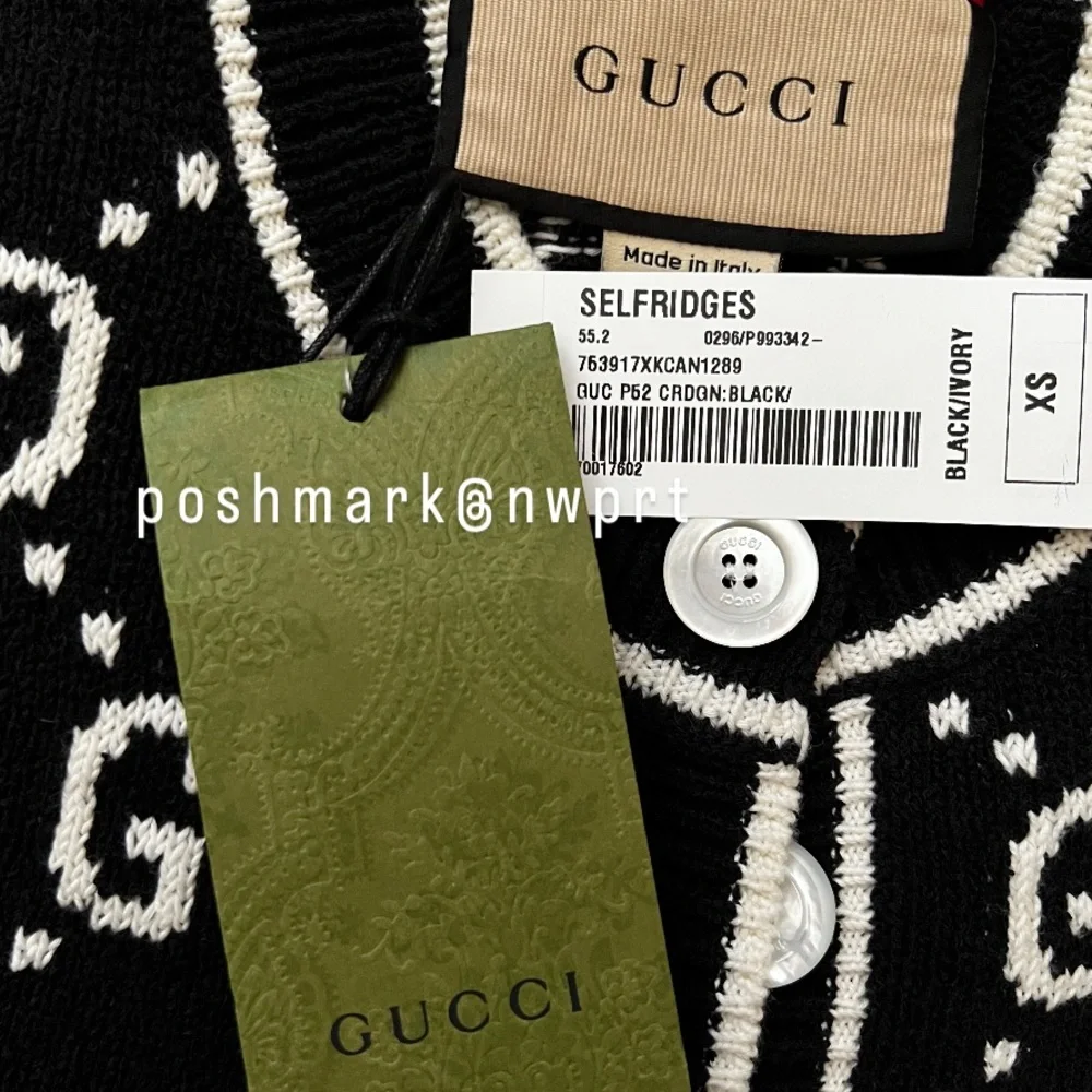 GUCCI 🙌 GG Supreme Logo Cardigan Sweater Black Ivory White Cotton XS - Picture 7 of 16